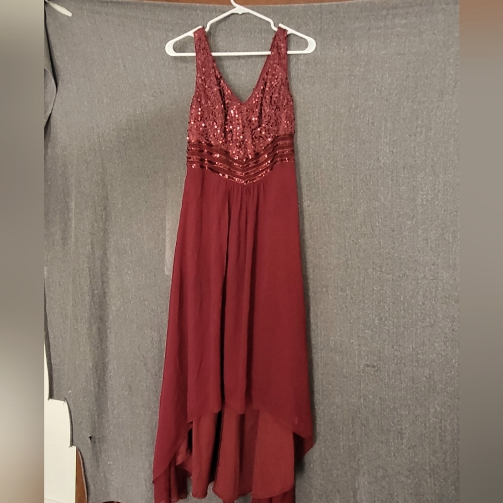 New women's burgundy floor length, high low, v-neck evening dress by Ever Pretty